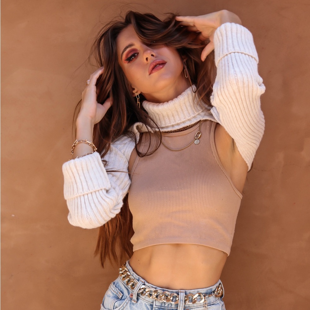 Cream rib knit turtleneck shrug